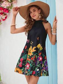 SHEIN VCAY 花卉印花無袖騎士夏季女裝連衣裙 - 黑色 - 查看 6