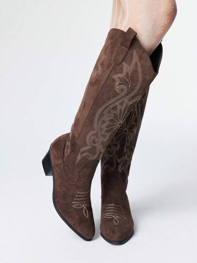 Kawaii Women's Plus Size Brown Fashion Embroidered Western Cowboy Boots, Suede Lining, Slip-On Knee-High Boots, Autumn/Winter 2025 New Outdoor