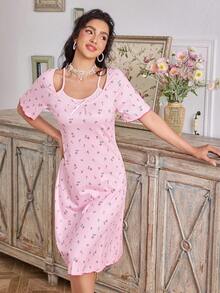 CottageSlumber Women's Romantic Cute Pink Ditsy Floral 2 In 1 Short Sleeve Soft & Comfortable Nightgown - Pink - View 1