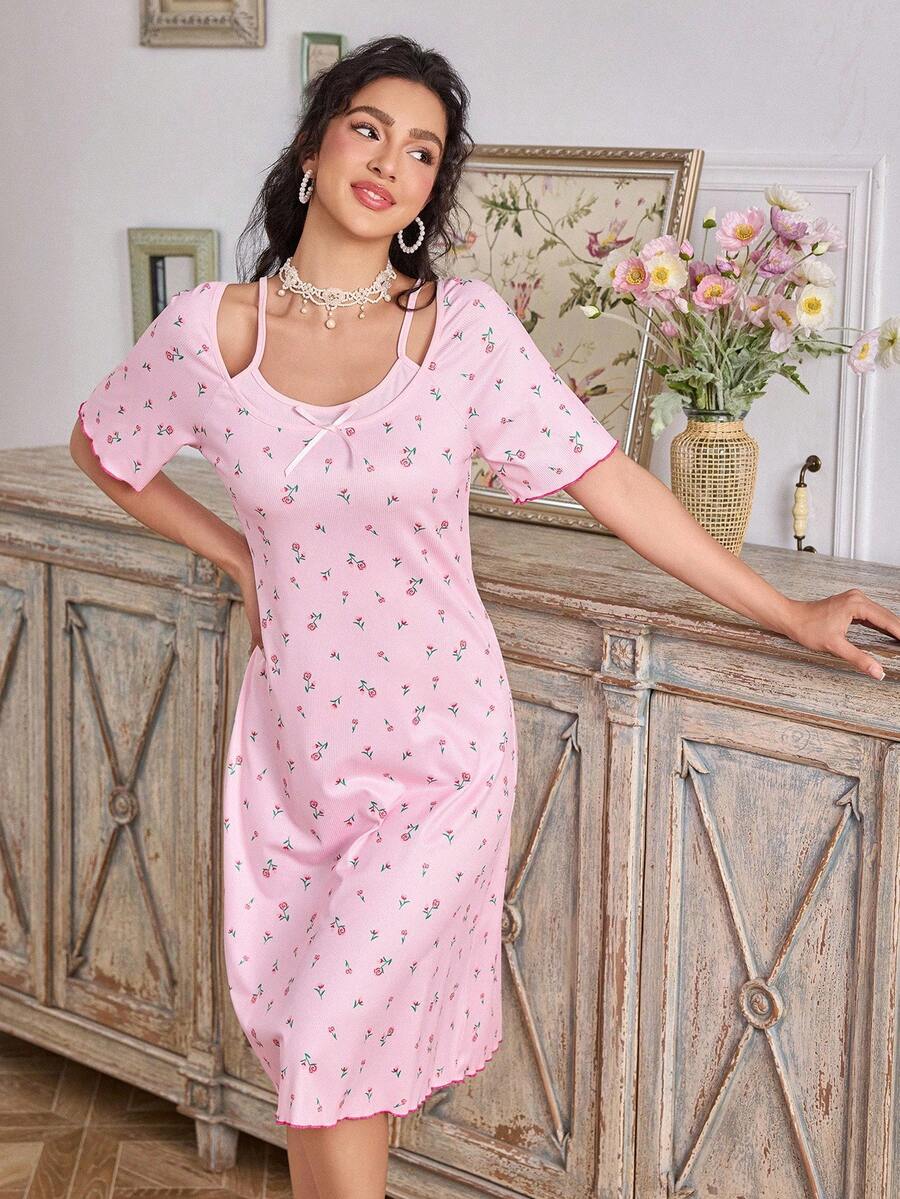 CottageSlumber Women's Romantic Cute Pink Ditsy Floral 2 In 1 Short Sleeve Soft & Comfortable Nightgown - Pink - View 1