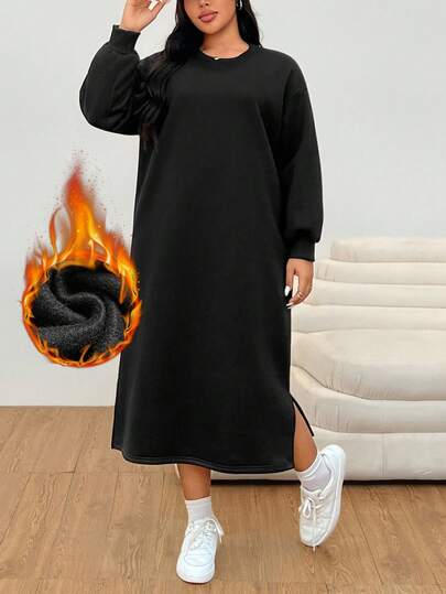 Solflare Vestido de sudadera casual de cuello redondo de manga larga y unicolor para mujer de talla grande, otoño/invierno