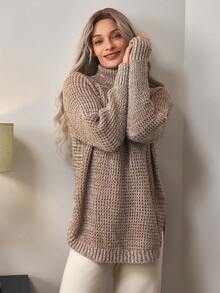 Louniche Turtleneck Raglan Sleeve Sweater,Long Sleeve Tops - Khaki - View 4