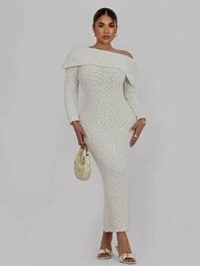 Xyvia Women's Casual Elegant Long Sleeve Sweater Dress - Apricot - View 1