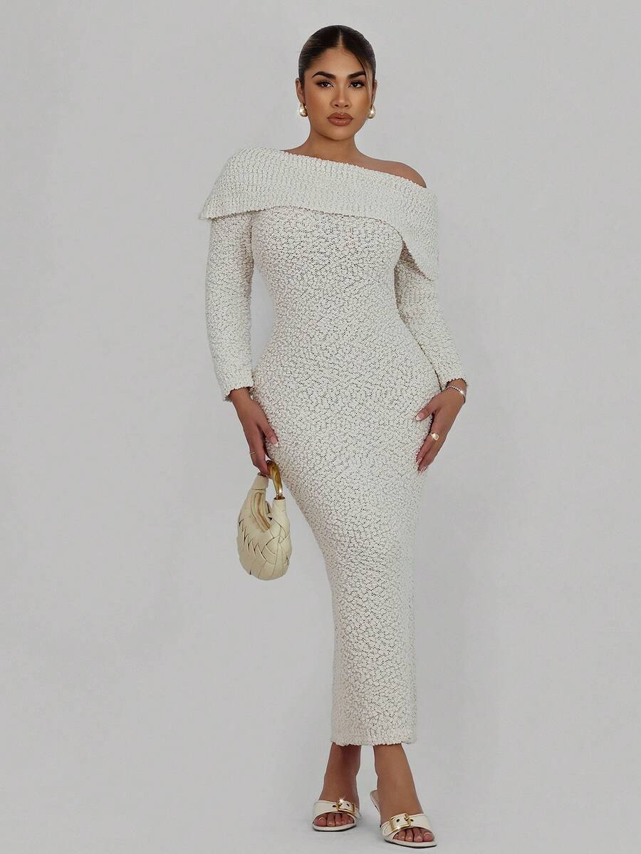 Xyvia Women's Casual Elegant Long Sleeve Sweater Dress - Apricot - View 1