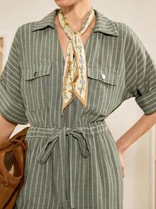 Florisole 女式条纹腰带口袋翻领短袖休闲连体裤