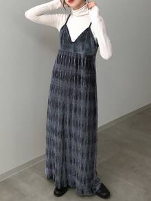 FRIFUL Vestido de mujer de color azul marino sólido de tela de terciopelo con tirantes, vestido de otoño, vestido para exteriores, ropa de mujer de otoño, vestidos de mujer de verano - Gris - Ver 2