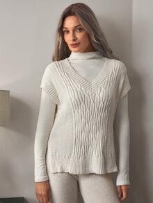 Louniche 1pc Women Solid Cable Knit Sweater Vest For Autumn & Winter - Apricot - View 4