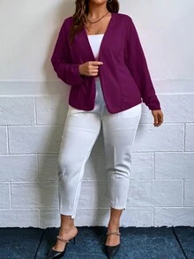 SHEIN Clasi Plus Solid Ruched Sleeve Jacket,Business Casual Woman Winter Fall Autumn - Red Violet - View 4