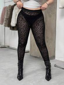 GalTyme Plus Size Women Sexy Black Leopard Print Mesh See-Through Tights Autumn/Winter, Fall Tights For Women, Elegant Black Commute Appointment Date Keep Warm Tights, Party, Going Out, Wedding Guest, Chic Christmas Tights