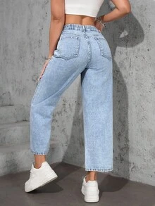 SHEIN ICON Plus Size Women Casual Loose Straight Leg Light Blue Non-Stretch Jeans