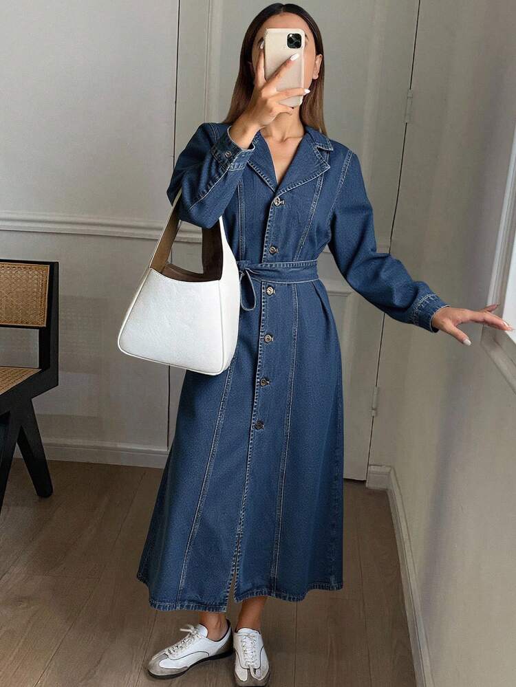 Vintage Denim Midi Dress, Waist Cinched, Slimming, Knee-Length Shirt Dress For Women