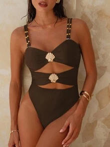 Swim Chiccia Đồ bơi một mảnh hở lưng trang trí kim loại màu trơn mùa hè cho nữ, kỳ nghỉ ở bãi biển - Cà phê nâu - Xem 6