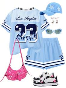 SHEIN Leap Crew Bộ 2 món áo ngắn tay và quần short đơn giản, thoải mái cho bé gái tuổi teen, phù hợp cho mùa hè - Nhiều màu - Xem 3