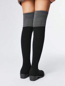 ROMWE Fairycore 女式黑色弹力一脚蹬高筒靴，低跟及膝马靴 - 灰色 - 查看 5