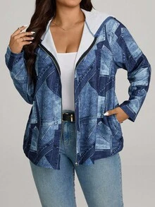Comfylo Quần áo mùa đông cỡ lớn mùa thu thường ngày vá & áo khoác hoodie màu xanh in có khóa kéo có túi - Nhiều màu - Xem 6