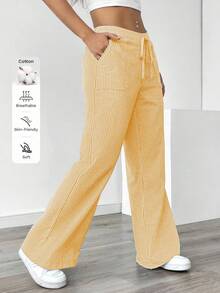SHEIN PETITE Quần ống rộng sọc xanh thường ngày dành cho nữ, đi nghỉ - Vàng nhạt - Xem 1