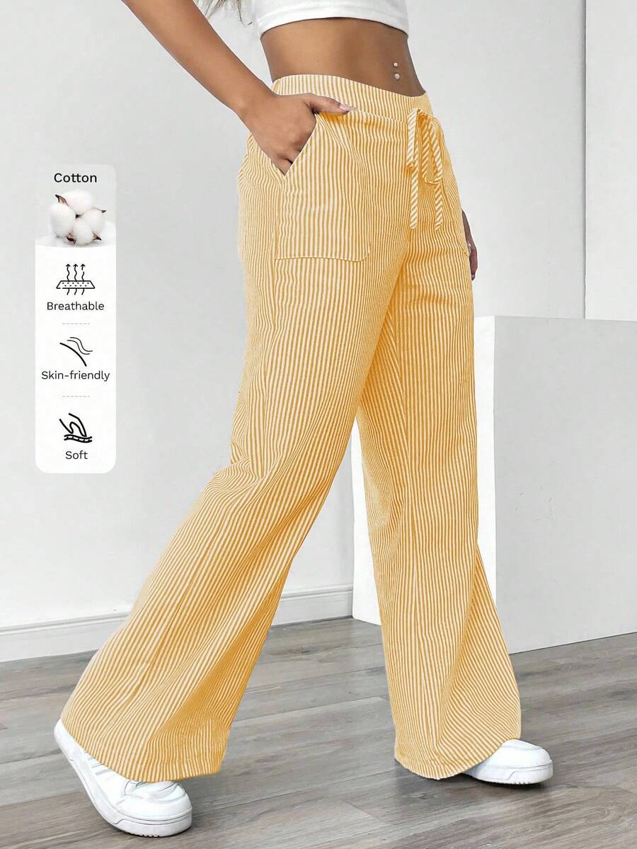 SHEIN PETITE Quần ống rộng sọc xanh thường ngày dành cho nữ, đi nghỉ - Vàng nhạt - Xem 1