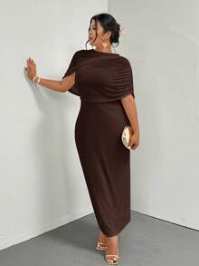Firerie Plus Size Elegant Romantic Ruffle Asymmetric Waist Fitted Dress, Comfortable Casual New Style For Spring/Summer - Brown - View 5