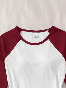 少女白色和红色拼接罗纹针织圆领长袖纯色休闲复古T恤 - 紅白色 - 查看 5
