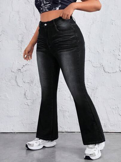 EURMUSE Plus Size Women High Waist Pockets Flare Casual Versatile Jeans