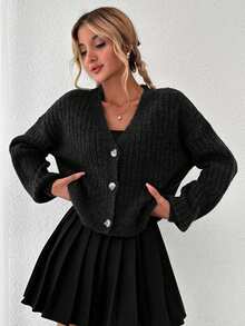 EURMUSE Women's Casual Ribbed Button-Up Cardigan,Cardigans,Long Cardigans Woman,Petite,Tall - Black - View 1