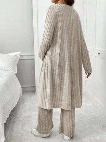 SHEIN 2pcs Maternity Ribbed Long Sleeve Cardigan And Drawstring Waist Jumpsuit Casual Set, Autumn - Apricot - View 7