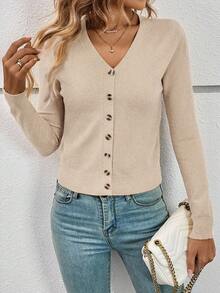 SHEIN Frenchy 女士纯色单排扣休闲长袖开衫，适合日常穿着，长袖上衣，秋冬针织毛衣 - 杏色 - 查看 3