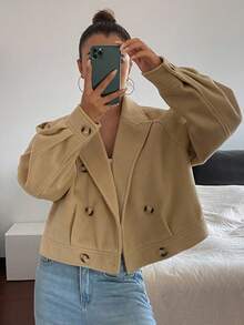 DAZY Áo khoác ngoài dày dáng rộng, dài tay, cài hai hàng khuy, cổ bẻ, thời trang thu/đông cho nữ - Màu Khaki - Xem 1