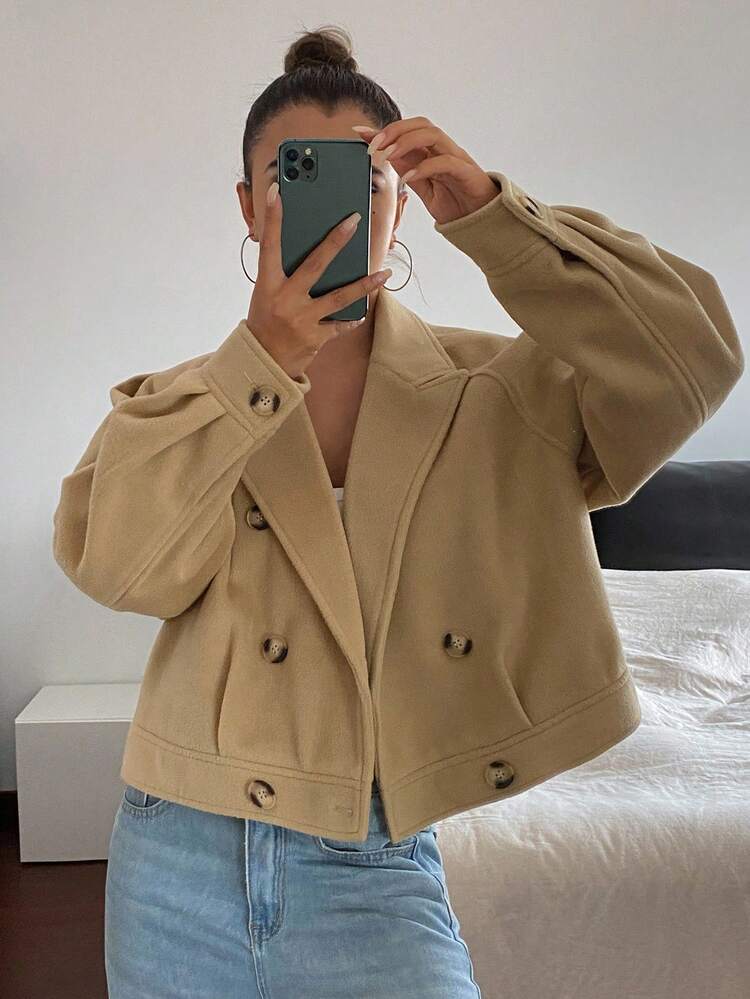 Women's Turndown Collar Double-Breasted Long Sleeve Loose Cropped Thick Overcoat, Autumn/Winter Jacket