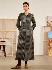 Chiquease Striped Print Collared Elegant Office Long Sleeve Dress Fall Cloth For Women - Brown - View 5