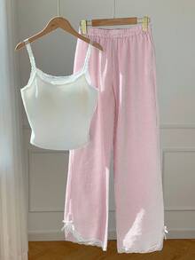 Comfortcana 2 件套女式休闲蕾丝花边吊带背心和红白条纹裤，返校季 2 件套休闲套装 - 紅白色 - 查看 7