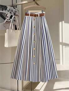 Franclia Casual Fashionable Versatile Elastic Waist With Brown Leather Belt Pleated Maxi Skirt - Navy Blue - View 3