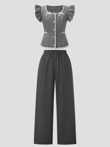 2pcs/Set Teen GirlRuffle Trim Cap Sleeve Crop Top With Bow Decor And Loose Pants - Multicolor - View 3