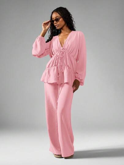 MISSGUIDED Elegant Linen Feel Two Piece Co-Ord Set Balloon Sleeve Tiered Ruffle Blouse Wide Leg Palazzo Pants Summer Resort Wear Casual Lounge Party Wedding Guest Outfit