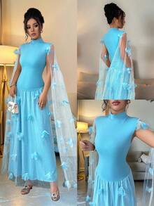 Rafferiza Women's Elegant Summer Light Blue Floral Mesh Mermaid Dress, Long Party Dress For Wedding Guest Dinner,Holiday Vacay Vibes Fall Outfits - Blue - View 1