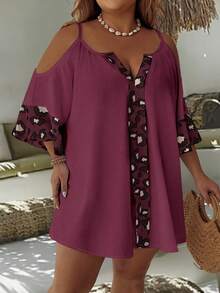 EMERY ROSE Camisa casual holgada con estampado de leopardo y hombros descubiertos para mujer de talla grande - Burdeos - Ver 3