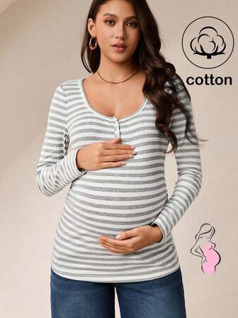 MaterniWear Casual Striped Slim Fit Cotton Maternity T-Shirt For Everyday Wear, Business Casual Women's Office Wear Going Out  Going Out  Fall  Grey Top