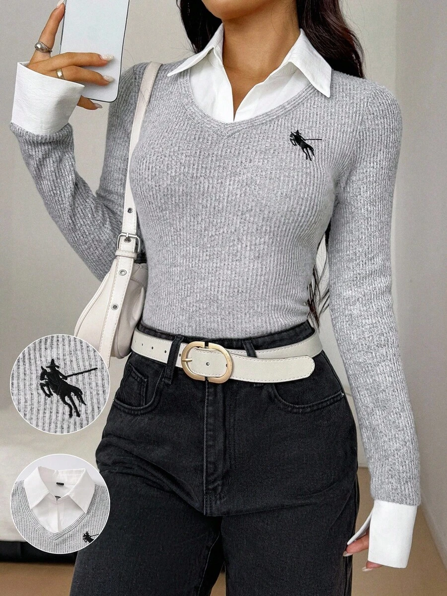 Zielony 学院风 Polo 领拼接二合一长袖 T 恤,女式修身套头衫,秋冬春季新品 - 淺灰色 - 查看 1