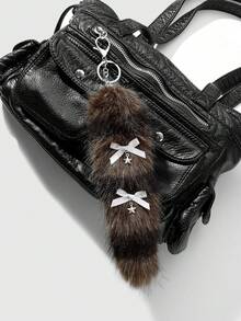 ROMWE Goth 1pc Y2K Retro Chic Cute Minimalist Sophisticated High-Quality Animal Print Series Brown Faux Fur Anime Fox Tail With Black Lace Bow, Star Decor DIY Keychain Bag Charm, Suitable For Cosplay, Daily Wear, Holiday Gift For Women