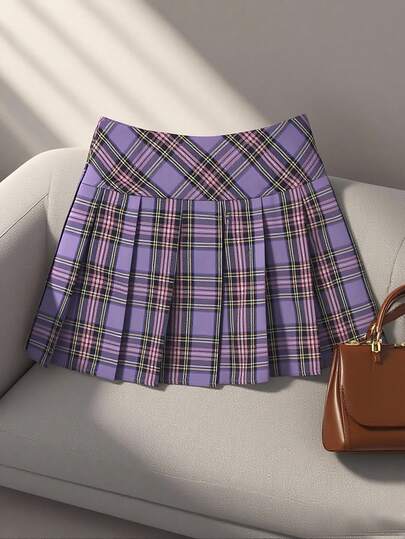 Resyla 新年服装拉链格子褶裙
