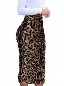INAWLY Große Größen Figurbetonter A-Linien-Rock mit Leopardenmuster