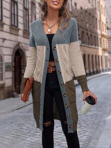 EMERY ROSE Women's Autumn Colorblock Geometric Textured Long Sleeve Single-Breasted Long Cardigan With Pockets - Multicolor - View 7
