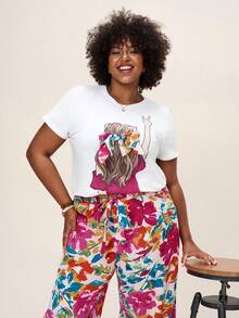 Comfylo Plus Size 2pcs Short Sleeve Bow Decor T-Shirt With Colorblock And Elastic Waist Loose-Fit Straight-Leg Allover Print Pants, For Summer,Holiday Outfits Boho Fall Clothes For Women Fall Outfits Women