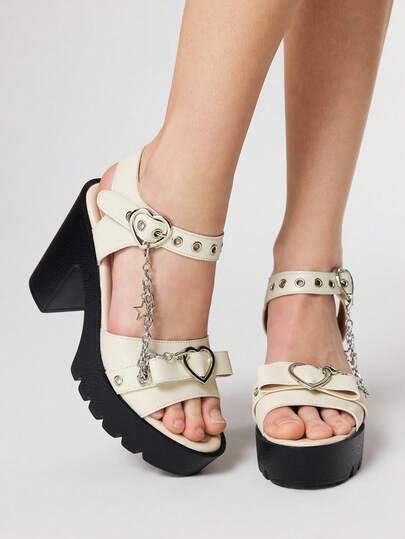 Grunge Punk Women's Elegant Fashion Heart & Star Metal Chain Design High Heel Sandals, Waterproof Platform, Punk Style Round Toe Beige Roman Sandals, Suitable For Party, Daily Wear, Evening Dress, Height Increasing And Leg Lengthening, Comfortable And Versatile High Heels