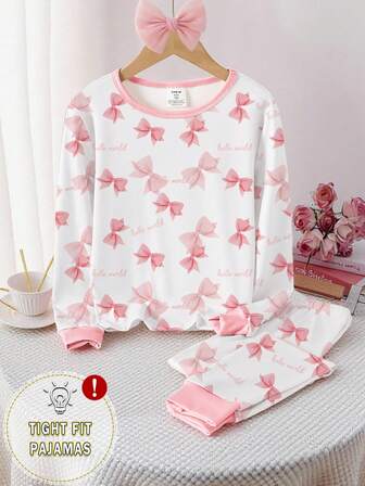 Genkimix Kids Tween Girls Pajamas Set, Pink Bow & English Print, Contrast Collar & Cuffs, Crew Neck, Long Sleeve Top And Pants, Snug Fit, Recommended To Size Up 1 Set Fall Winter