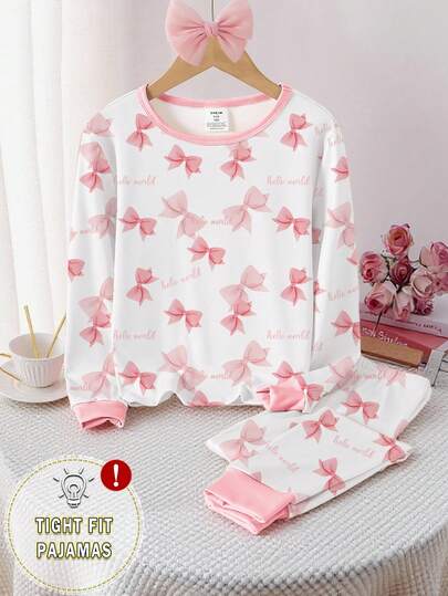 Genkimix Kids 青少年女孩睡衣套装，粉色蝴蝶结和英文印花，撞色领口和袖口，圆领，长袖上衣和裤子，贴身剪裁，建议选择大一码