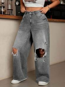 EURMUSE Plus Size Summer Casual Distressed Slant Pocket Denim Jeans - Light Grey - View 6