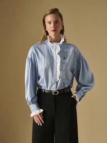 Briarwyn Women's Fashion Commuter Striped Lace Trim Blouse,,Old Money Style Women,Fall Clothes For Women - Blue - View 3