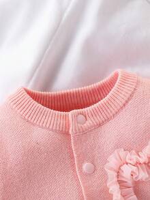 SHEIN 新生女婴连体衣，时尚简约字母刺绣长裤长袖毛衣连体衣，柔软针织舒适 - 粉色 - 查看 8