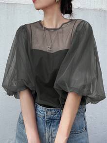 FRIFUL 女式纯棕色圆领泡泡袖透视网眼宽松休闲分层上衣